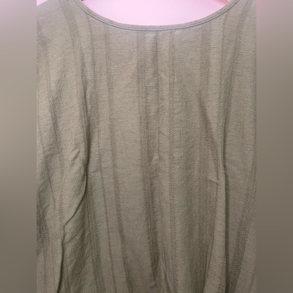 Olive Green Linen Blend Tie Front Top Lightweight Coastal Boho Blouse - Picture 4 of 6